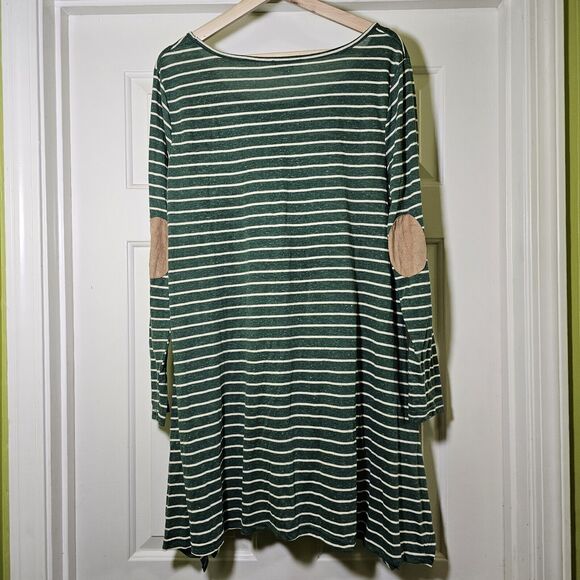 Umgee+ Women's Tunic Green Cream Stripe Elbow Patches Sharkbite Hem XL - Picture 6 of 8
